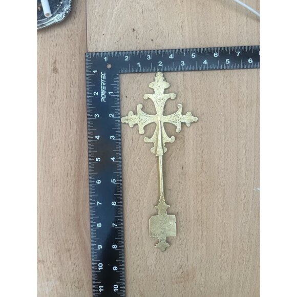 Ethiopian Cross Brass Handcrafted Christian Religious Ornament  8' long - Picture 5 of 5